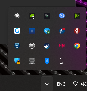 Windows system tray with hidden icons expanded, Volumix icon highlighted