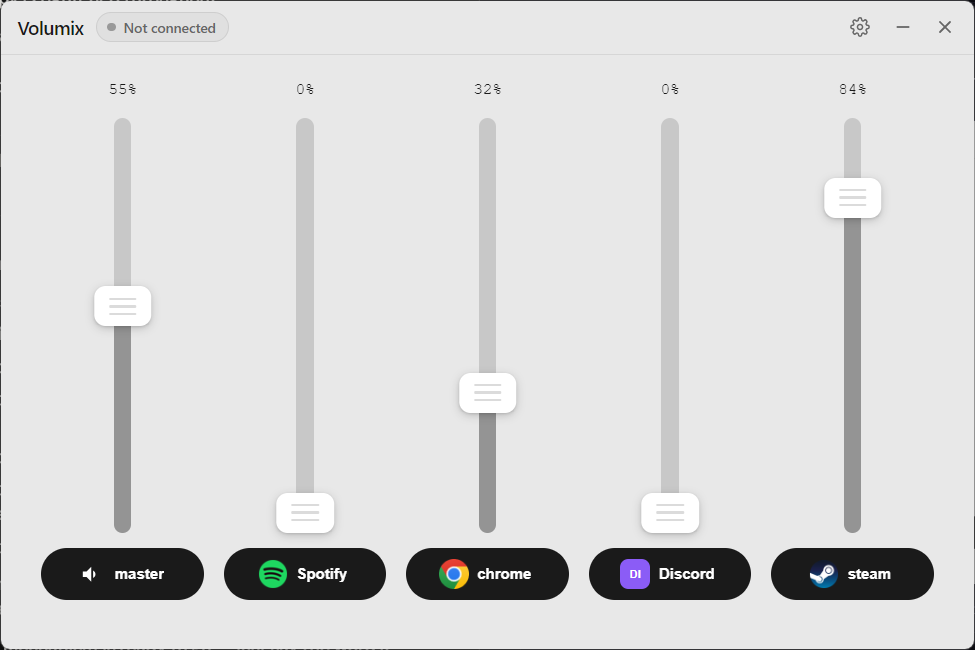 Volumix main window with the settings gear icon