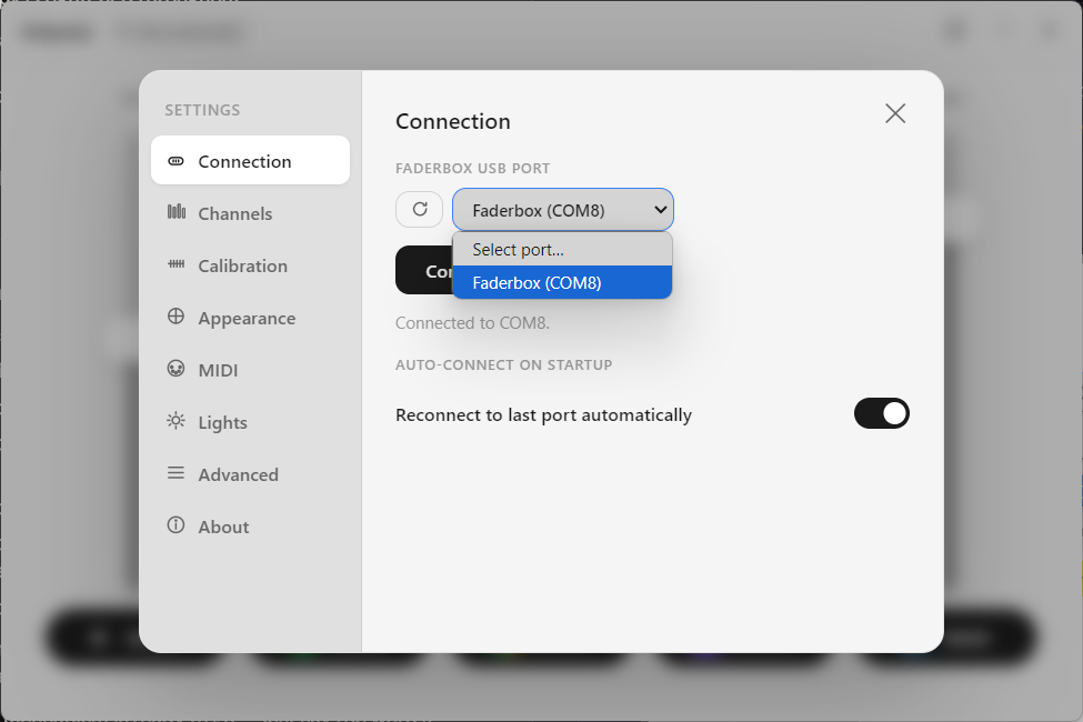 Volumix Connection settings with COM port dropdown open