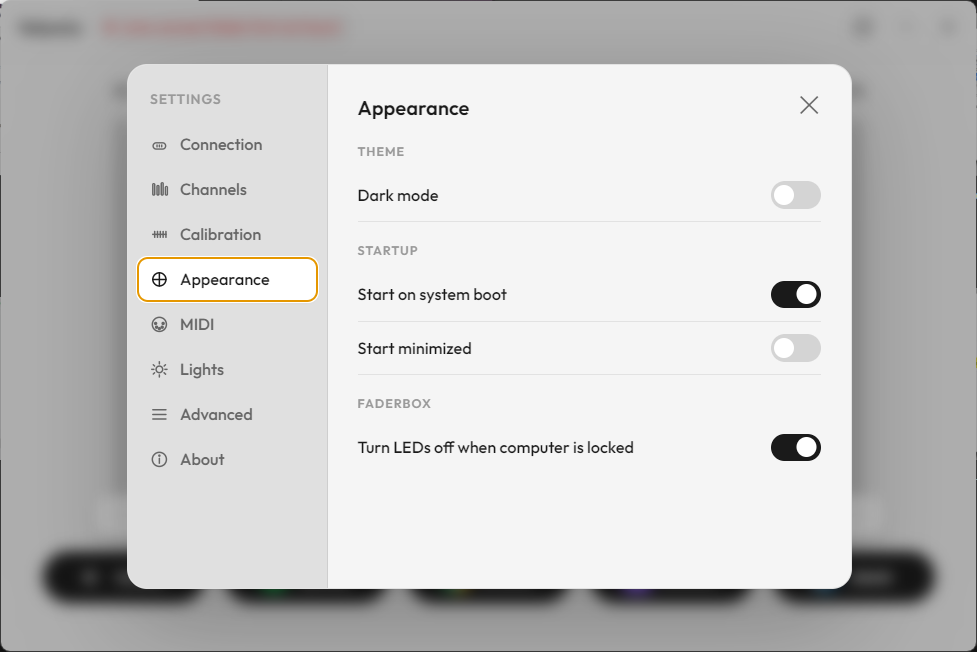 Volumix Appearance settings with Start on system boot enabled